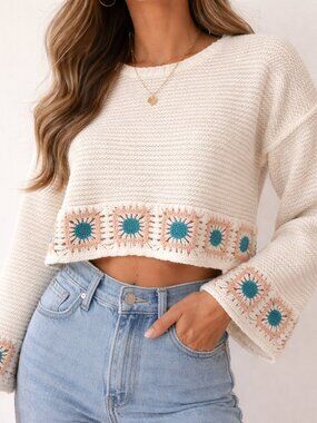 Sincerely Jules Sweater Womens Large White Crop Crochet Cottage Core Festival